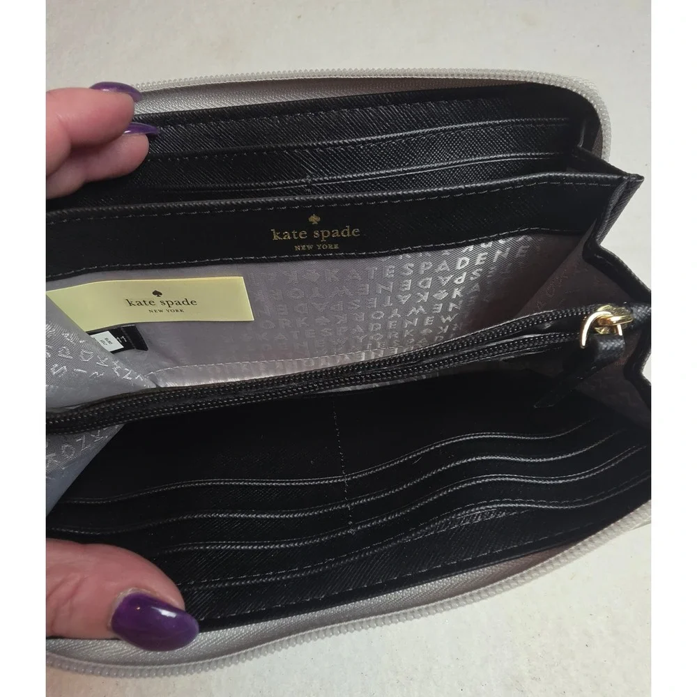 Kate Spade Silver Glitter Zip Around Wallet Metallic Anthracite Tassel Accordion